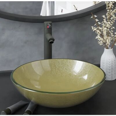 vidaXL Badezimmer Waschbecken mit Wasserhahn und Ablaufgarnitur Gold gehärtetes Glas - Badezimmer Waschbecken vidaXL Badezimmer Waschbecken mit Wasserhahn und Ablaufgarnitur Gold gehärtetes Glas - Badezimmer Waschbecken
