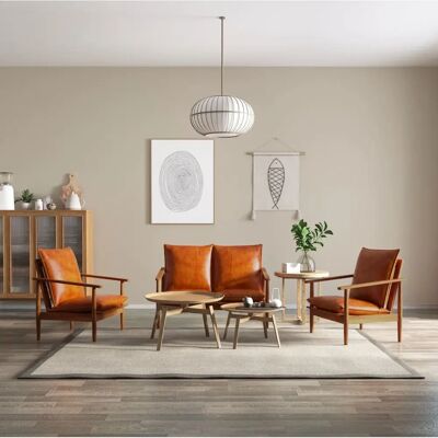 vidaXL Sofaset - Echtes Leder & Akazienholz - 3 Stück vidaXL Sofaset - Echtes Leder & Akazienholz - 3 Stück
