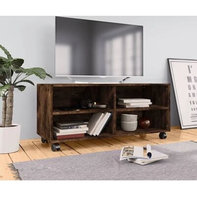 vidaXL Rauchfurniertes Eichen TV-Schrank mit Rollen - 4 Fächer vidaXL Rauchfurniertes Eichen TV-Schrank mit Rollen - 4 Fächer