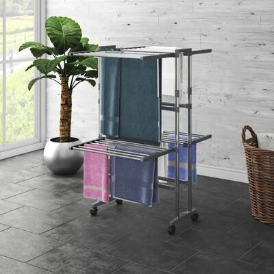 vidaXL Sušák na prádlo 2 police s kolečky stříbrná - Drying rack vidaXL Sušák na prádlo 2 police s kolečky stříbrná - Drying rack