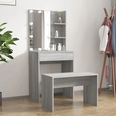 Ensemble de coiffeuse LED gris Sonoma vidaXL avec miroir et tabouret Ensemble de coiffeuse LED gris Sonoma vidaXL avec miroir et tabouret
