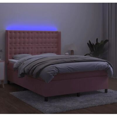 vidaXL Rosa Samt Boxspringbett mit Matratze & LED - 140x190cm - Knöpf vidaXL Rosa Samt Boxspringbett mit Matratze & LED - 140x190cm - Knöpf