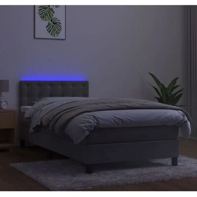 Cama de Terciopelo Gris Claro con LED y Colchón de Resortes - Cama Cama de Terciopelo Gris Claro con LED y Colchón de Resortes - Cama