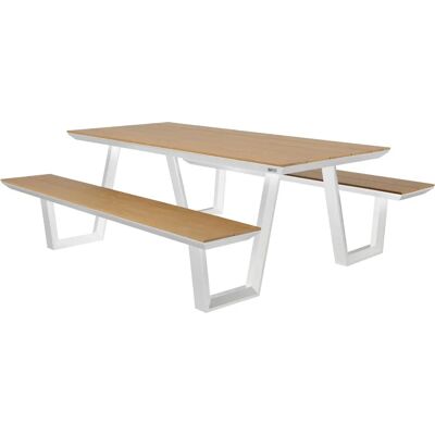 Table de pique-nique blanche avec aspect teck pour 6-8 personnes - Publicité Table de pique-nique blanche avec aspect teck pour 6-8 personnes - Publicité