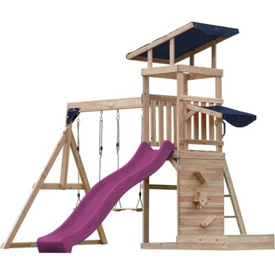 Tour de jeu en bois AXI Malik avec 2 balançoires, toboggan violet - Parc infantil - Publicité Tour de jeu en bois AXI Malik avec 2 balançoires, toboggan violet - Parc infantil - Publicité