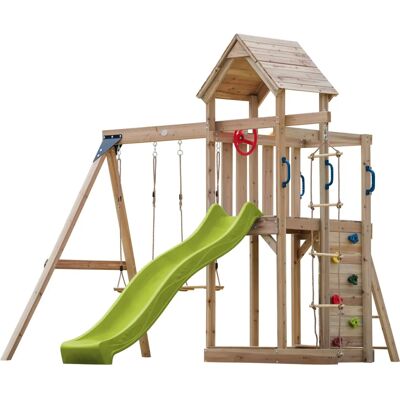 Tour de jeux en cèdre AXI avec balançoires et toboggan - Aire de jeux - Publicité Tour de jeux en cèdre AXI avec balançoires et toboggan - Aire de jeux - Publicité
