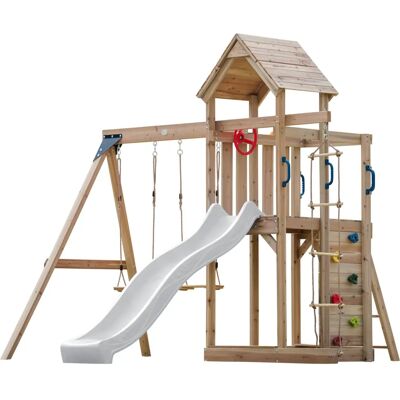 Tour de jeux en bois AXI avec balançoires et toboggan - Parc enfant - Publicité Tour de jeux en bois AXI avec balançoires et toboggan - Parc enfant - Publicité