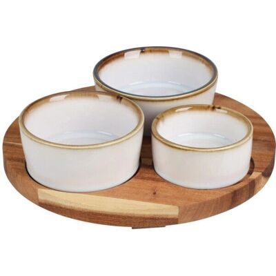 Set na občerstvení a servírování od Excellent Houseware - 3 keramické misky a dřevěný podnos Set na občerstvení a servírování od Excellent Houseware - 3 keramické misky a dřevěný podnos