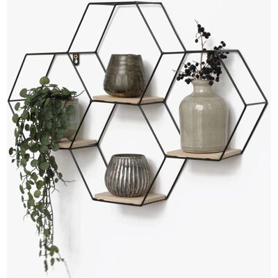 VIVOL Ivol - Estante de pared hexagonal - Metal y madera - 40,5x58 cm VIVOL Ivol - Estante de pared hexagonal - Metal y madera - 40,5x58 cm