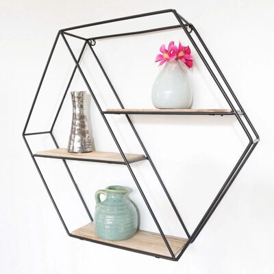 Estante de Pared Negro Metal y Madera 3 Niveles - Estante Hexágono Estante de Pared Negro Metal y Madera 3 Niveles - Estante Hexágono
