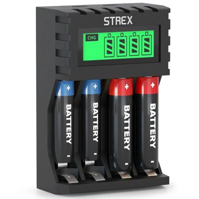 Chargeur de Piles Strex - Batteries AA/AAA - Recharge USB - Écran LCD - Chargeur Universel - Publicité Chargeur de Piles Strex - Batteries AA/AAA - Recharge USB - Écran LCD - Chargeur Universel - Publicité