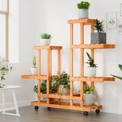 vidaXL Brown Fir Wood Flower Stand with Wheels - 95x25x101 cm vidaXL Brown Fir Wood Flower Stand with Wheels - 95x25x101 cm