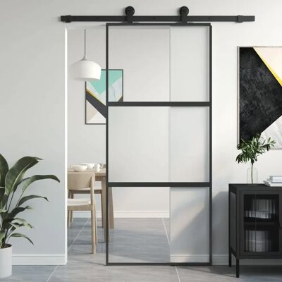 vidaXL Schwarze gehärtete Glas Aluminium Schiebetür - Innentür vidaXL Schwarze gehärtete Glas Aluminium Schiebetür - Innentür