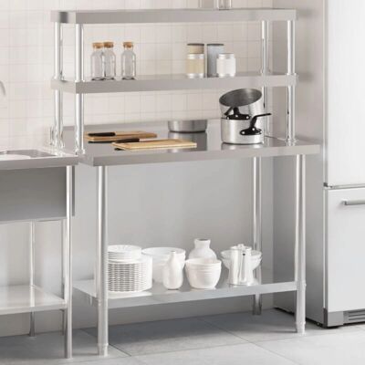 vidaXL Küchenarbeits Tisch mit Überregal - Edelstahl - Küchenarbeitstisch vidaXL Küchenarbeits Tisch mit Überregal - Edelstahl - Küchenarbeitstisch