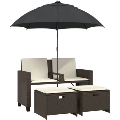 vidaXL Gartensofa 2-Sitzer mit Sonnenschirm und Hockern - Braun - Gartenmöbel vidaXL Gartensofa 2-Sitzer mit Sonnenschirm und Hockern - Braun - Gartenmöbel