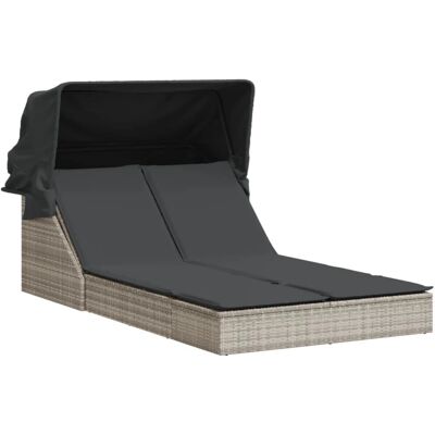 vidaXL Dubbelloungestoel met luifel en kussens - Lichtgrijs - Poly rattan vidaXL Dubbelloungestoel met luifel en kussens - Lichtgrijs - Poly rattan