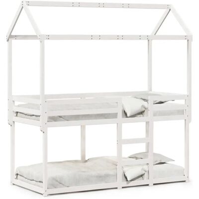 vidaXL White Twin Bunk Bed with Roof - Bed vidaXL White Twin Bunk Bed with Roof - Bed