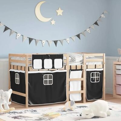 Lits mezzanine pour enfants avec rideaux bois pin blanc/noir 90x190 cm vidaXL Lits mezzanine pour enfants avec rideaux bois pin blanc/noir 90x190 cm vidaXL