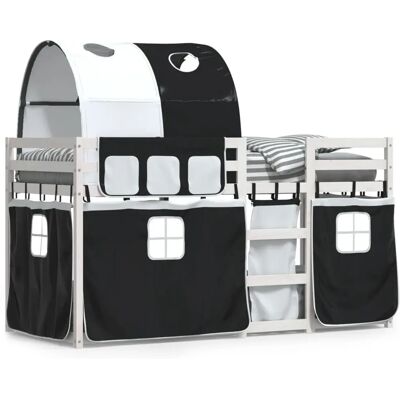 VidaXL White and Black Wooden Bunk Bed with Curtains - Bed VidaXL White and Black Wooden Bunk Bed with Curtains - Bed