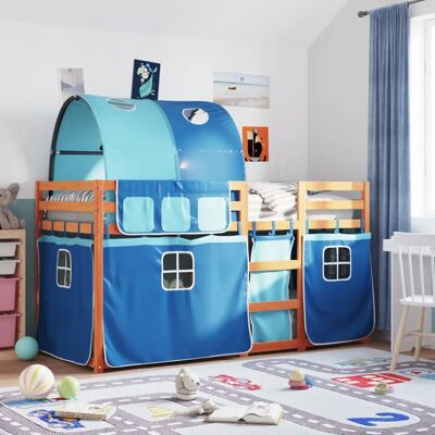 vidaXL Etagenbett mit Vorhängen Hellbraun und Blau - Etagenbett vidaXL Etagenbett mit Vorhängen Hellbraun und Blau - Etagenbett