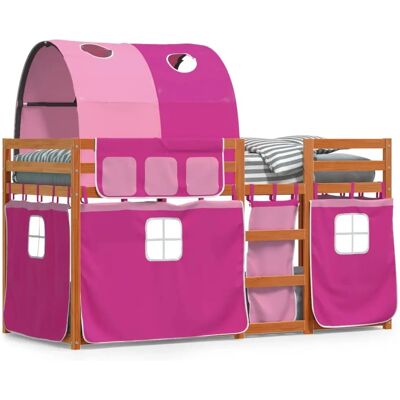 vidaXL Pinkes Holz-Etagenbett mit Vorhängen - Bett vidaXL Pinkes Holz-Etagenbett mit Vorhängen - Bett