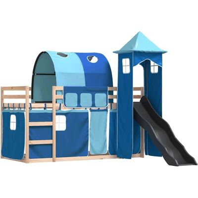 vidaXL Stapelbed met glijbaan en gordijnen Blauw 90x190 cm - Eenpersoons vidaXL Stapelbed met glijbaan en gordijnen Blauw 90x190 cm - Eenpersoons
