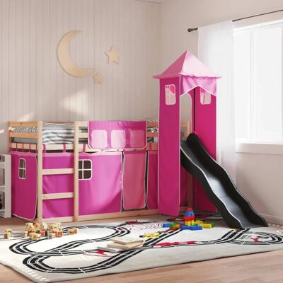 vidaXL Roze stapelbed met glijbaan en gordijnen - Kinderbed 80x200cm vidaXL Roze stapelbed met glijbaan en gordijnen - Kinderbed 80x200cm
