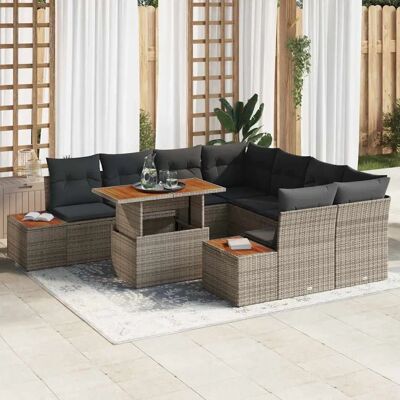 VIDAXL Gartentisch-Set 9-tlg. Grau Rattan & Akazie Kissen VIDAXL Gartentisch-Set 9-tlg. Grau Rattan & Akazie Kissen