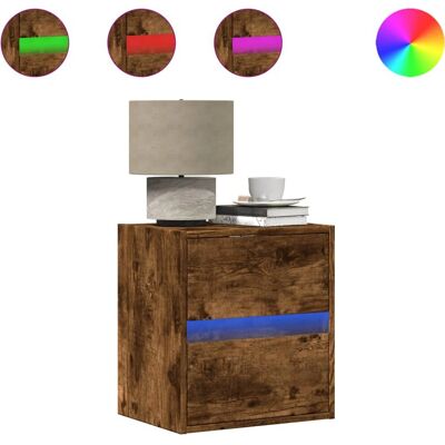 Mesita de noche de madera de roble ahumado montada en la pared con luces LED - VidaXL Mesita de noche de madera de roble ahumado montada en la pared con luces LED - VidaXL