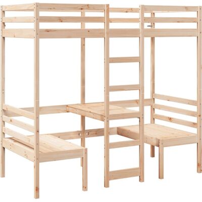 vidaXL Hochbett Mit Schreibtisch & Stühlen 75x190cm - Natur Holz - Bett vidaXL Hochbett Mit Schreibtisch & Stühlen 75x190cm - Natur Holz - Bett