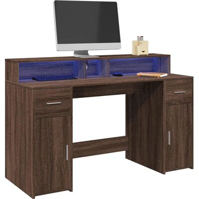 vidaXL Bureau met LED Licht Bruine Eik - 140x55x91 cm - Bureau vidaXL Bureau met LED Licht Bruine Eik - 140x55x91 cm - Bureau