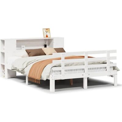 vidaXL Bett mit Bücherregal-Kopfteil - Massives Kiefernholz, Platzsparend, Weiß - Bett vidaXL Bett mit Bücherregal-Kopfteil - Massives Kiefernholz, Platzsparend, Weiß - Bett