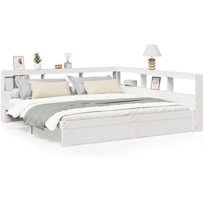 vidaXL 3324345 Bed with Bookcase, White, 200x200 cm, Solid Wood Pine - Bed vidaXL 3324345 Bed with Bookcase, White, 200x200 cm, Solid Wood Pine - Bed