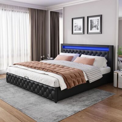 REDOM - Letto contenitore imbottito 140 x 200 cm - Negro - Iluminación LED - Bed REDOM - Letto contenitore imbottito 140 x 200 cm - Negro - Iluminación LED - Bed