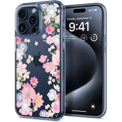 Spigen iPhone 15 Pro vaaleanpunainen ja sininen kukkakotelo Spigen iPhone 15 Pro vaaleanpunainen ja sininen kukkakotelo