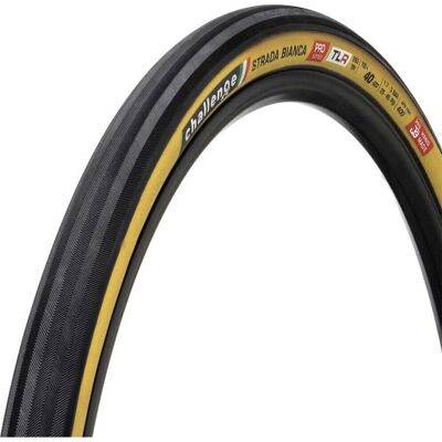 Pneu de route Challenge Strada Bianca Fait Main Tubeless - 700c - Noir / Tan - Publicité Pneu de route Challenge Strada Bianca Fait Main Tubeless - 700c - Noir / Tan - Publicité