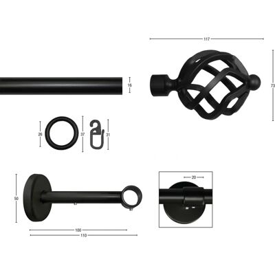 GARESA RUSTIKA Rustikale Metall-Vorhangstange - 120cm, Schwarz, 1 Lauf GARESA RUSTIKA Rustikale Metall-Vorhangstange - 120cm, Schwarz, 1 Lauf