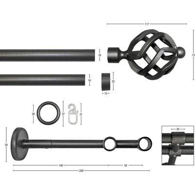 GARESA Rustikal Gardinenstange - 130cm, 2-läufig, graphit GARESA Rustikal Gardinenstange - 130cm, 2-läufig, graphit
