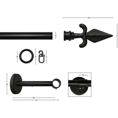 GARESA Rustika Gardinenstange - 310cm, schwarz, 16mm, Metall GARESA Rustika Gardinenstange - 310cm, schwarz, 16mm, Metall