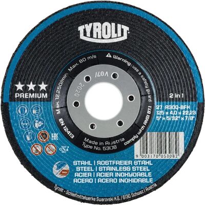 Tyrolit Premium 2in1 Schleifscheibe 125mm - Schleifmittel für Stahl & Inox Tyrolit Premium 2in1 Schleifscheibe 125mm - Schleifmittel für Stahl & Inox
