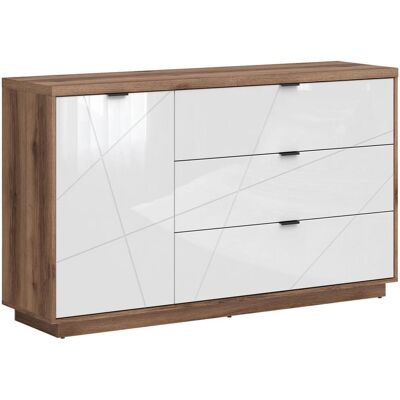 Delano Eiche Dunkel Weiß Hochglanz Breite Kommode - Schubladenschrank Delano Eiche Dunkel Weiß Hochglanz Breite Kommode - Schubladenschrank