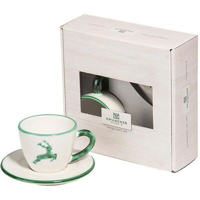 Gmundner Keramik Grüner Espresso Tasse- und Untertassen-Set - Rubinroter Hirsch Gmundner Keramik Grüner Espresso Tasse- und Untertassen-Set - Rubinroter Hirsch
