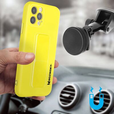 Étui en silicone jaune pliable avec support magnétique Wozinsky pour iPhone 12 Pro Max Étui en silicone jaune pliable avec support magnétique Wozinsky pour iPhone 12 Pro Max