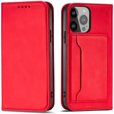 Hurtel iPhone 13 Pro Rote Magnetische Kartenhülle Geldbörse Ständer Hurtel iPhone 13 Pro Rote Magnetische Kartenhülle Geldbörse Ständer