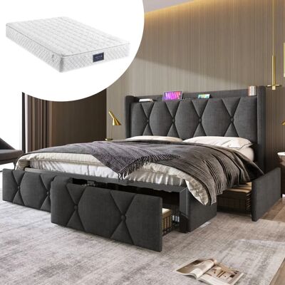 WISHDOR - Letto 140x200 cm con cassetto - Gris - USB - Bed WISHDOR - Letto 140x200 cm con cassetto - Gris - USB - Bed