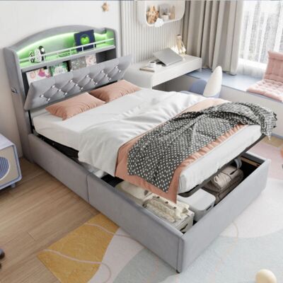 MODFU - Letti con cassetti 140x190cm - Lino - Cabecera ajustable - Cama MODFU - Letti con cassetti 140x190cm - Lino - Cabecera ajustable - Cama