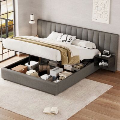 MODFU cama de almacenamiento 160x200 - Tamaño 160x200 - Almacenamiento con elevación hidráulica - Acabado tela de lino gris - Cama MODFU cama de almacenamiento 160x200 - Tamaño 160x200 - Almacenamiento con elevación hidráulica - Acabado tela de lino gris - Cama