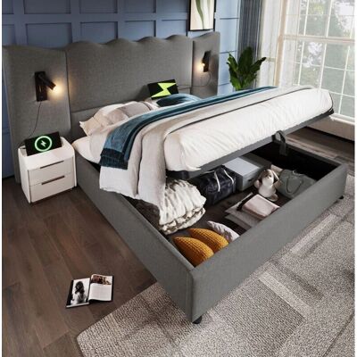 Cama MODFU con almacenamiento - Cabecera de lino, 180x200cm, Gris Cama MODFU con almacenamiento - Cabecera de lino, 180x200cm, Gris