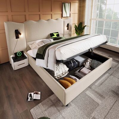 MODFU - Cama doble canapé - Beige - 160x200 cm - Bed MODFU - Cama doble canapé - Beige - 160x200 cm - Bed