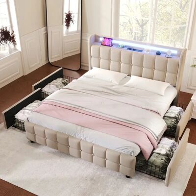MODFU - Cama de lino 90x200 - Beige grisáceo - Cabecero ajustable - Cama MODFU - Cama de lino 90x200 - Beige grisáceo - Cabecero ajustable - Cama